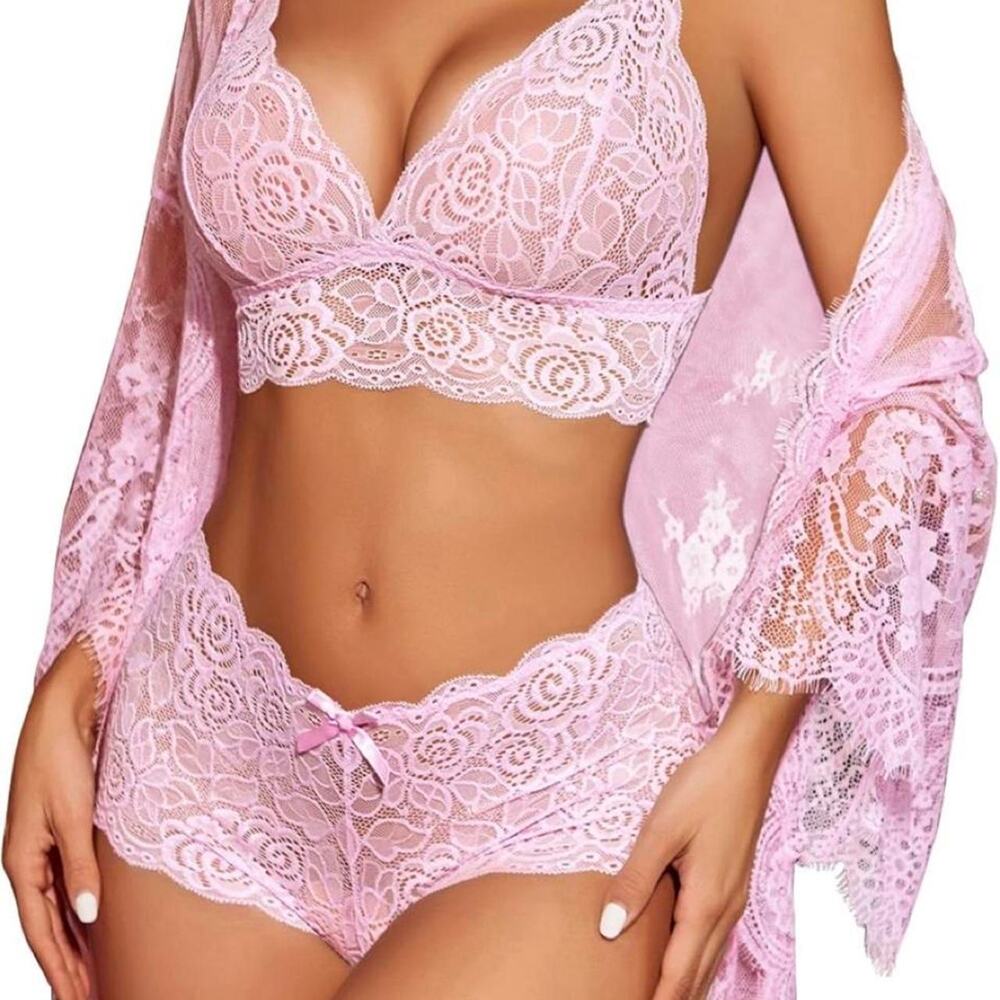 Pink lace lingerie set with floral print